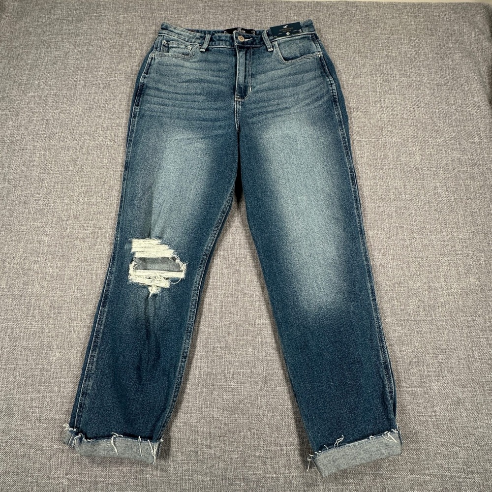 Hollister Ultra High-Rise Mom Jean Women 7S W28 L25 Blue Distressed Raw‎ Hem NEW